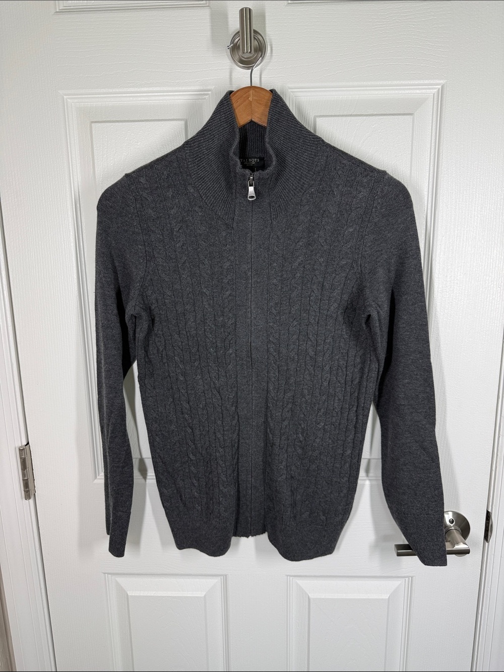 Talbots gray cable knit zip front cardigan mock neck sweater size small petite
